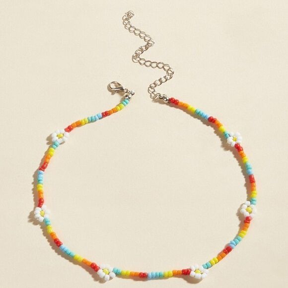 Rainbow Beaded White Daisy Choker Necklace - Picture 8 of 9